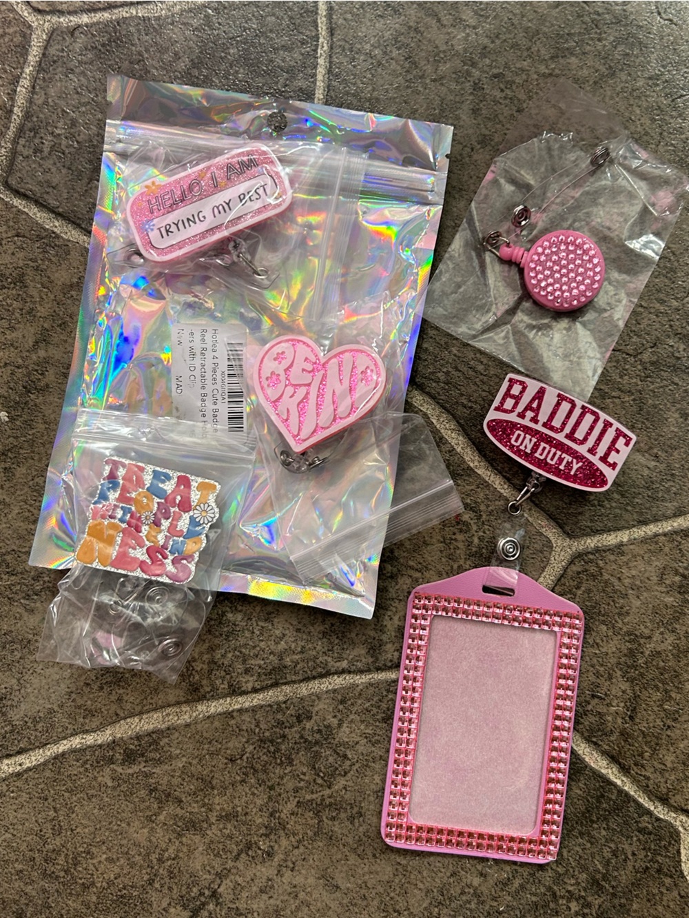 Pink Rhinestone Work Tags Reel and Cute Pink Charms